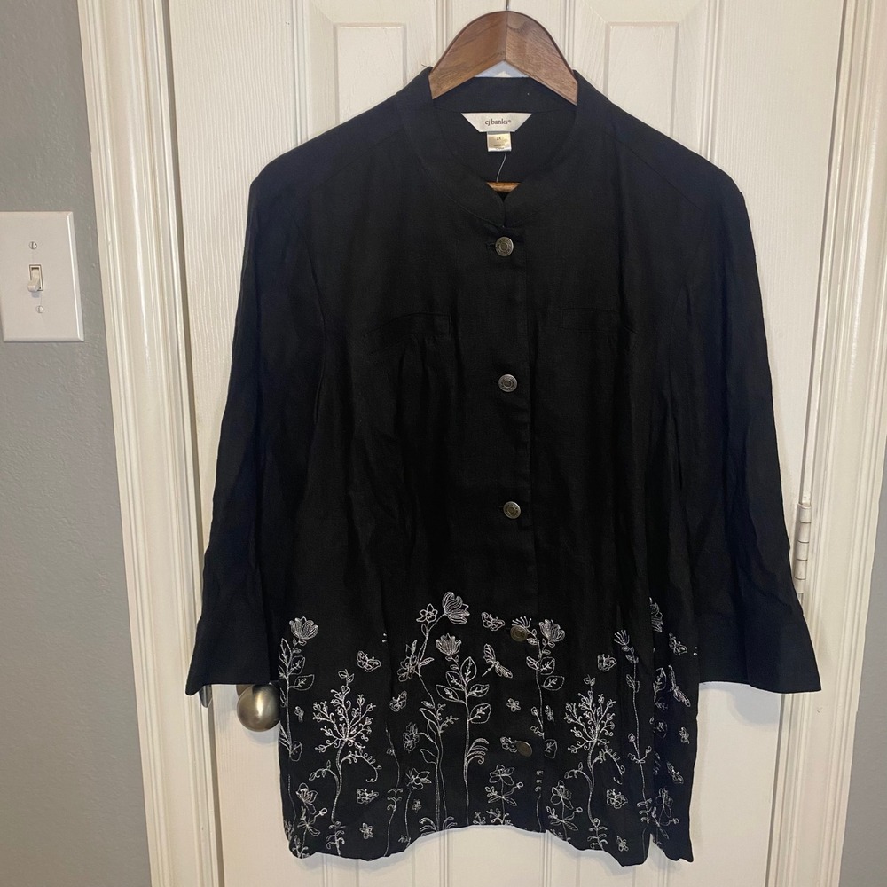 CJ Banks Button Front Top 2X NWT Black Linen Blend Floral Embroidered Lagenlook